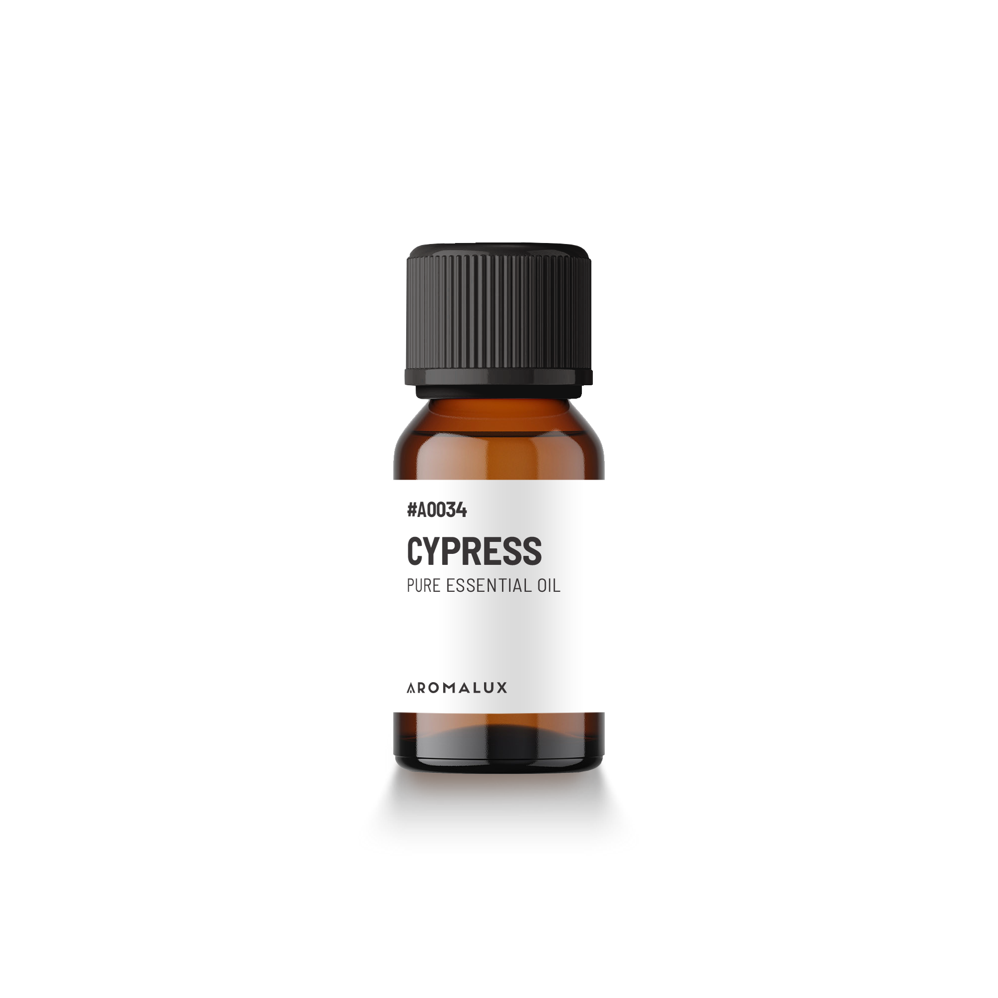 Bottle of Aromalux Cypress essential oil on a white background