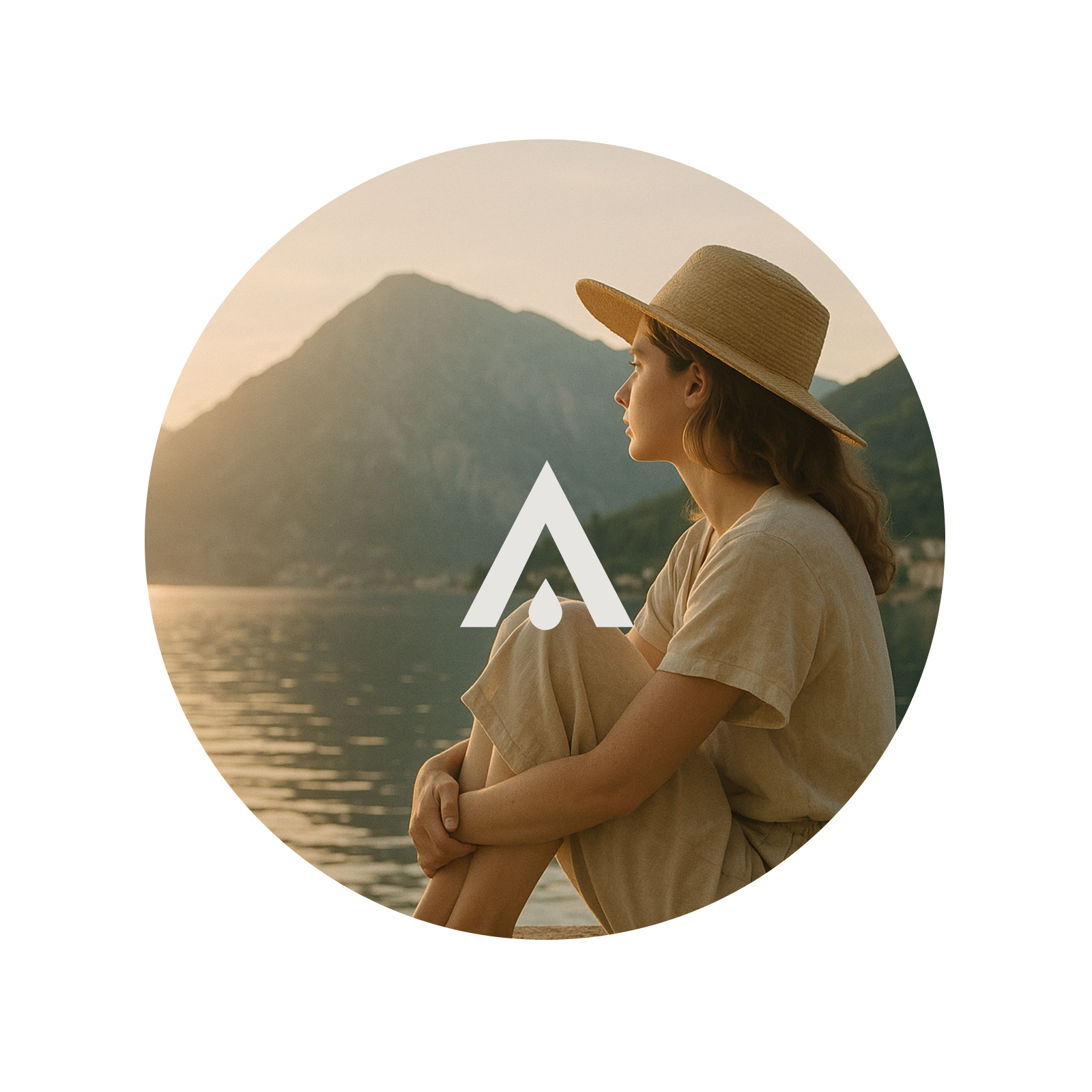 Person sitting by a lake with mountains in the background, wearing a hat.