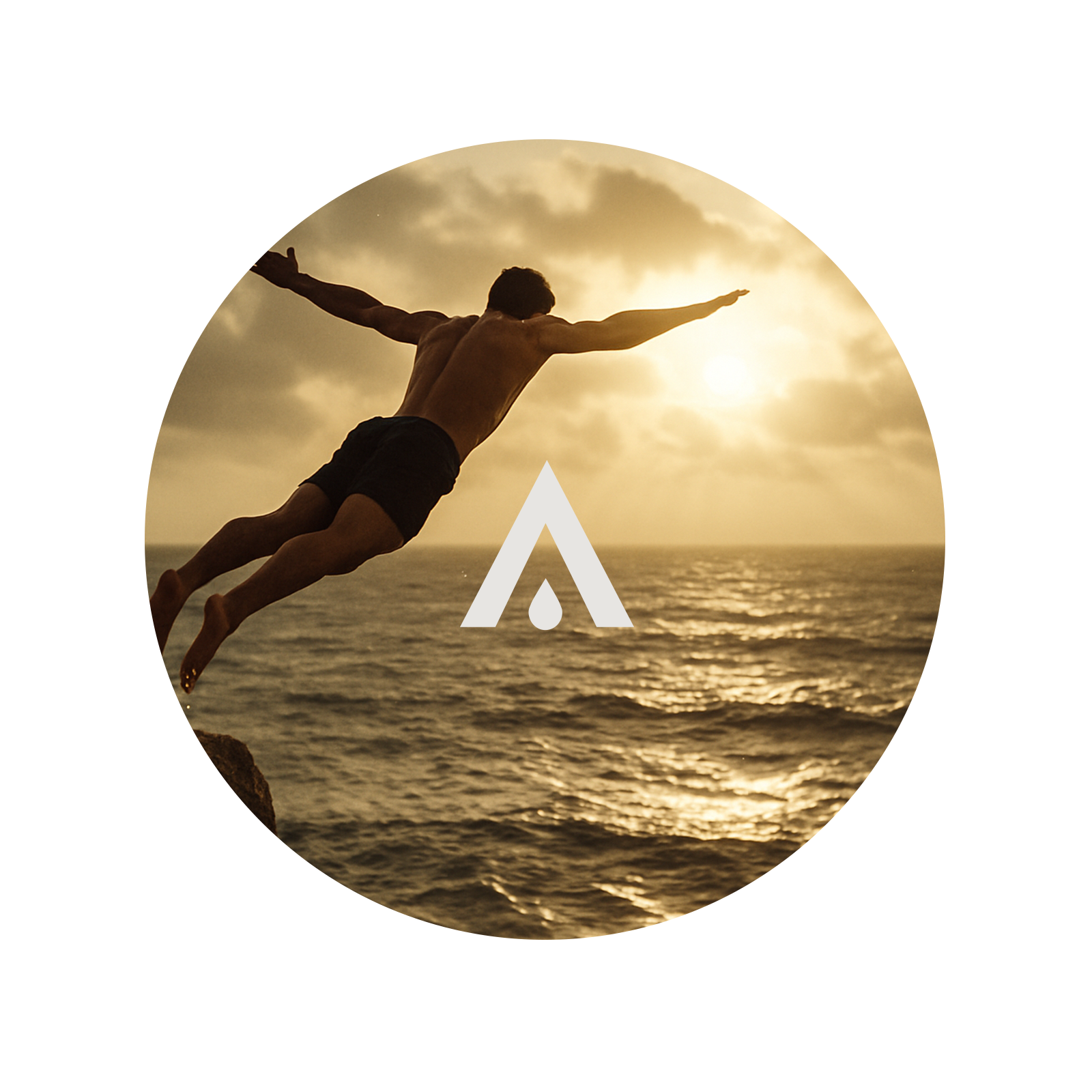 Person jumping into water at sunset with a logo overlay