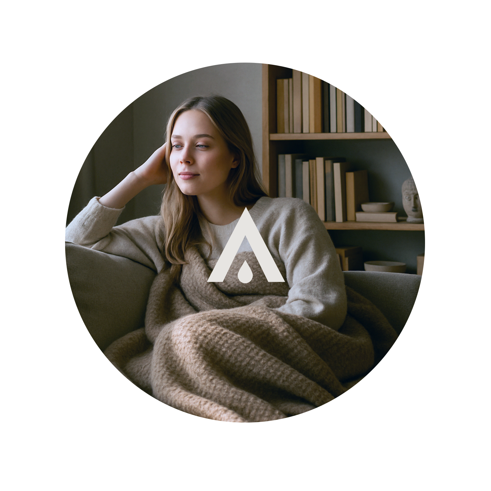Woman sitting on a couch with a blanket, wearing a sweater with a logo, in a cozy room.