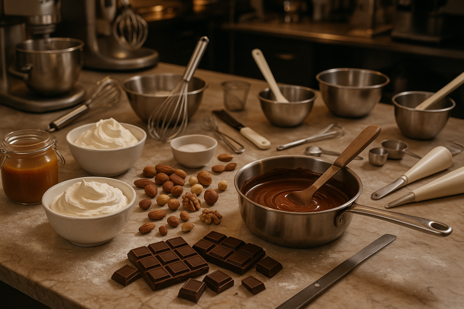 a pastry lab with desert ingrendients lying around along with some bakery utensils, some whipped cream, caramel in a jar, dark chocolates and melted chocolate in a pan and some roasted nuts lying around