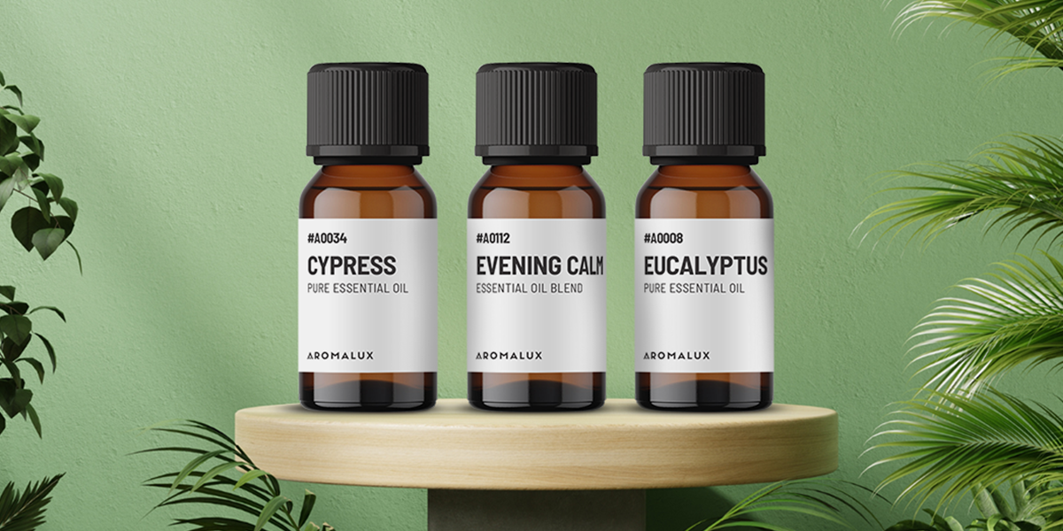 Three essential oil bottles labeled Cypress, Evening Calm, and Eucalyptus on a wooden stand with a green background.