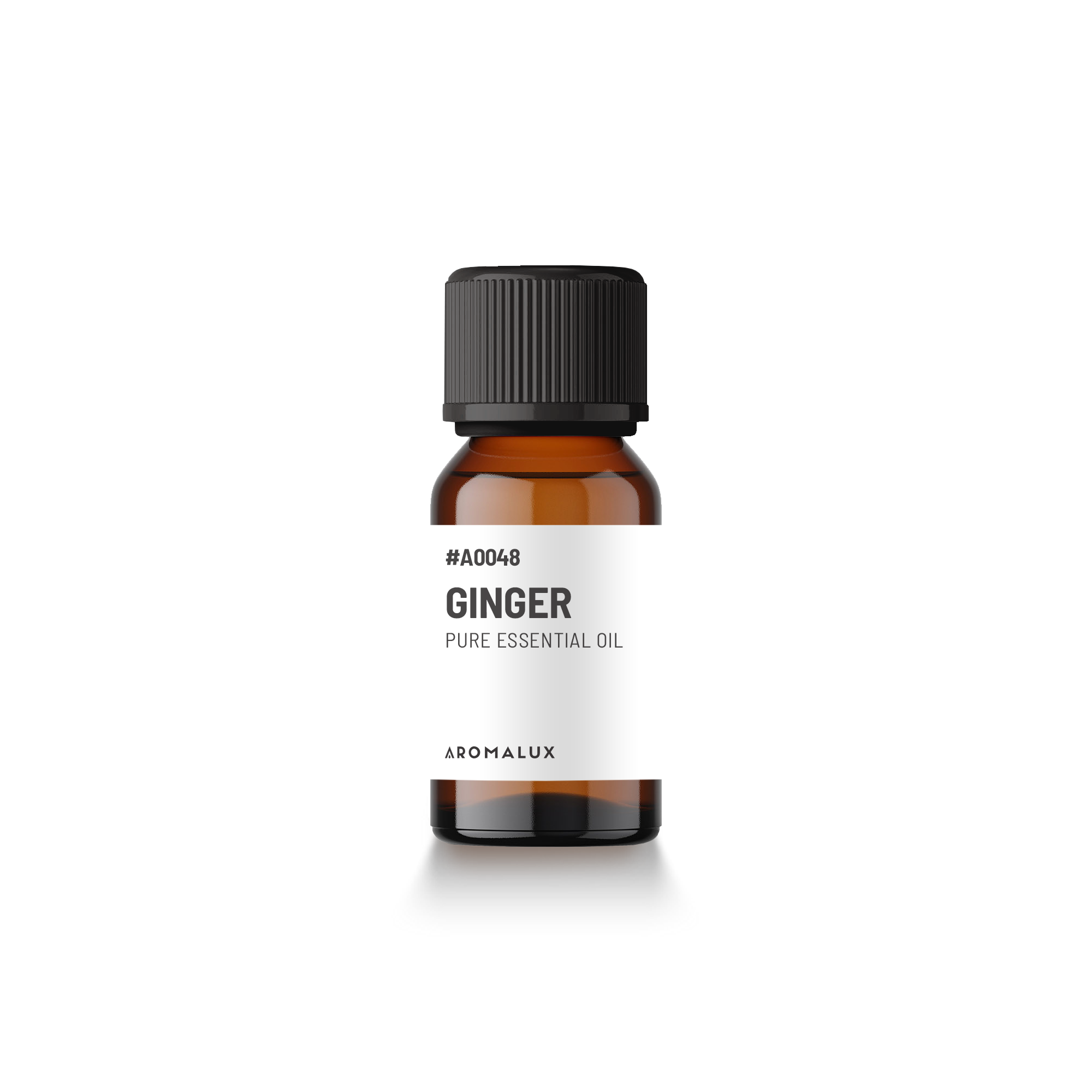 Bottle of Aromalux Ginger pure essential oil on a white background
