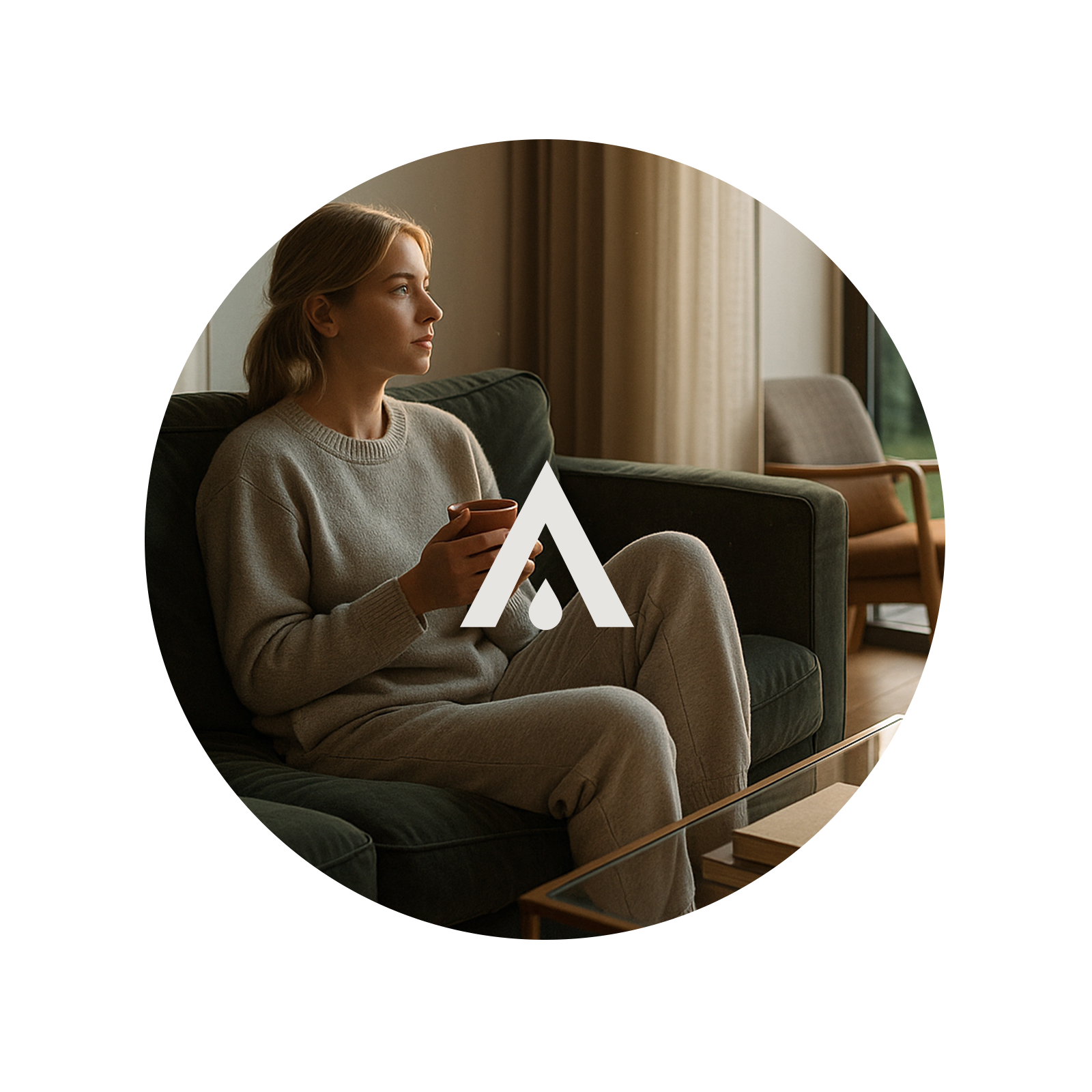 Circular image of a bedroom with a bed and wall art, featuring a logo in the center.
