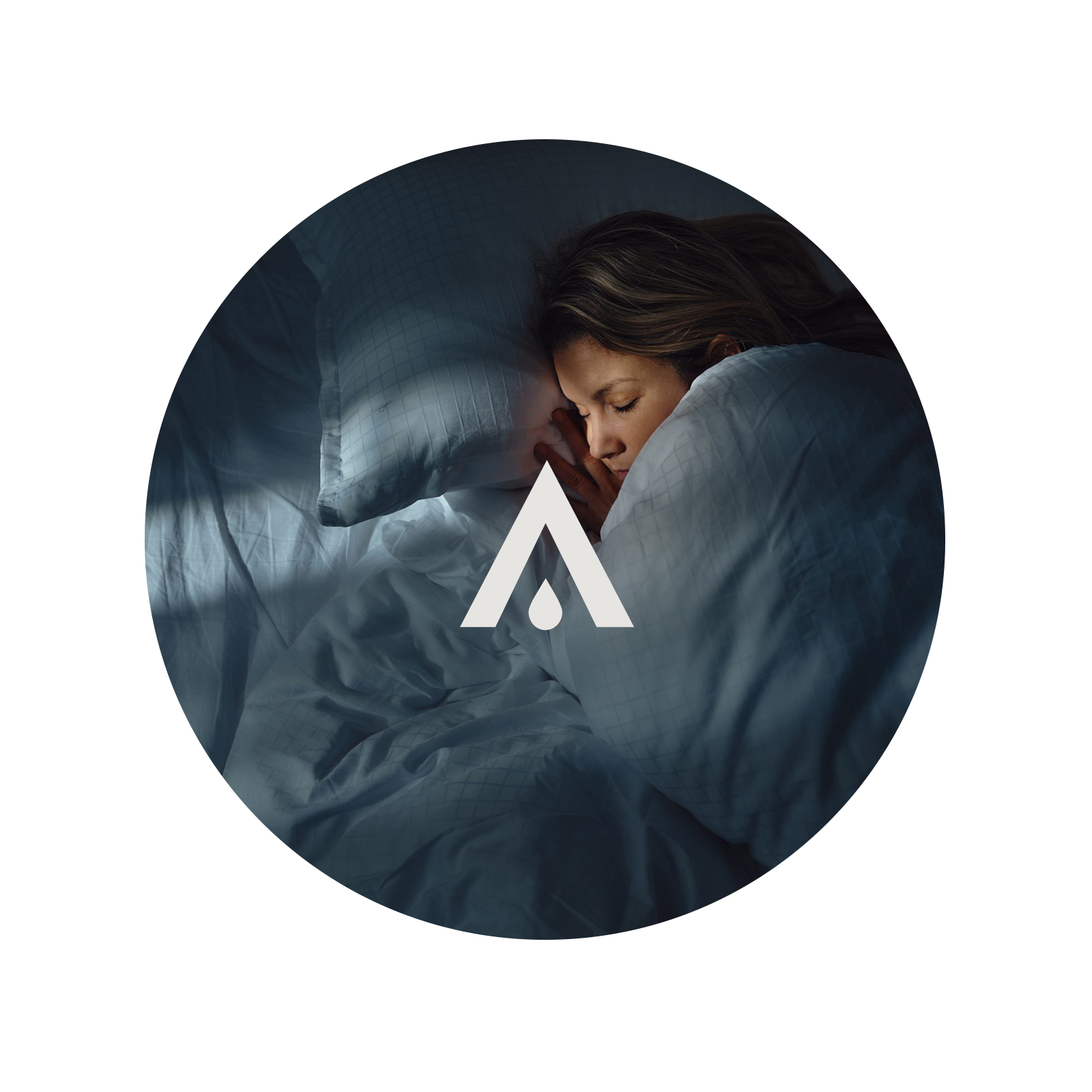 Person sleeping under a blanket with a brand logo in the foreground