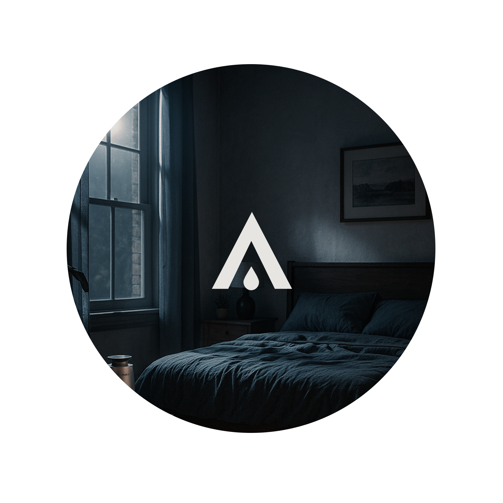 Dark bedroom with a bed and window, featuring a logo in the center.