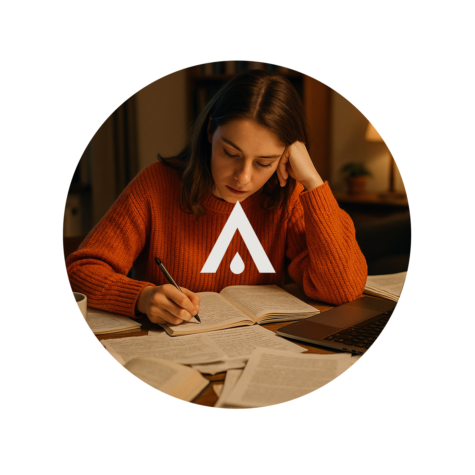 Person in an orange sweater with a logo sitting at a desk with books and a laptop.