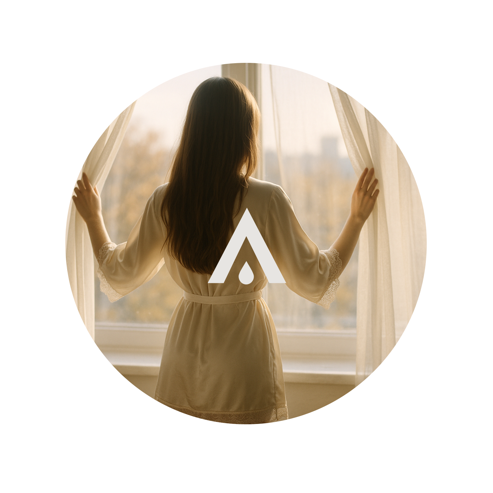 Woman in a robe standing by a window with a logo overlay