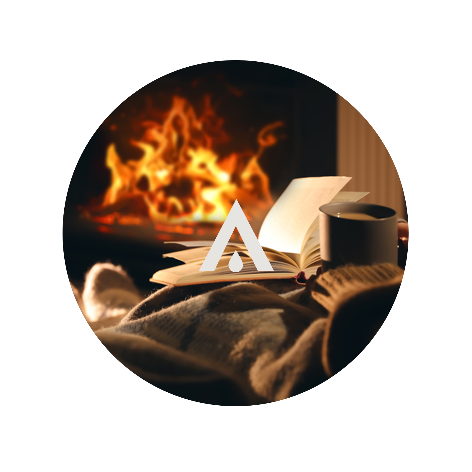 Open book with a cup of coffee on a blanket in front of a fireplace, with a logo overlay.