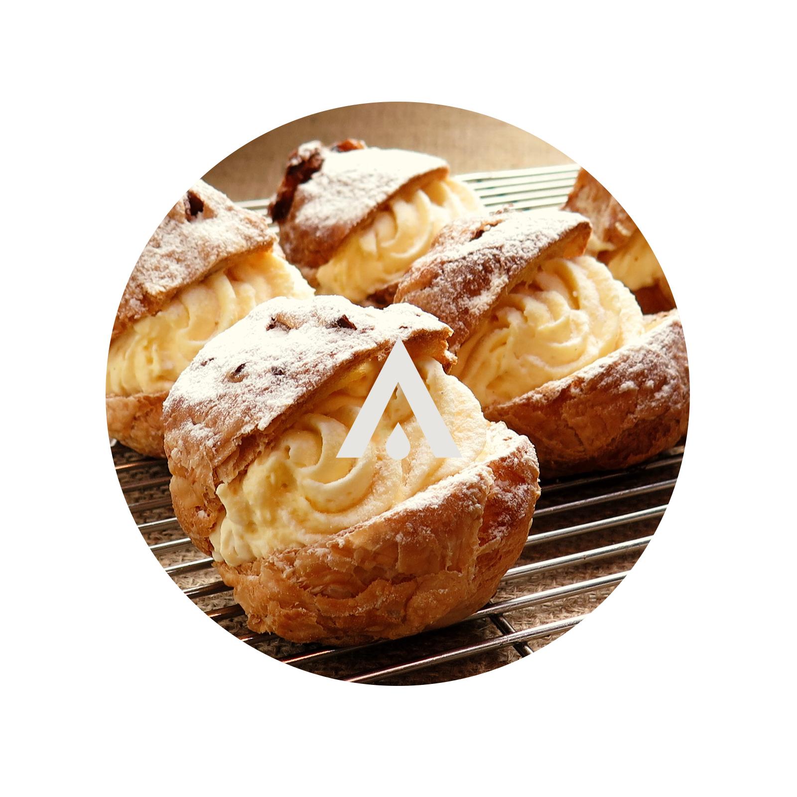 Pastries with a logo on a wooden surface