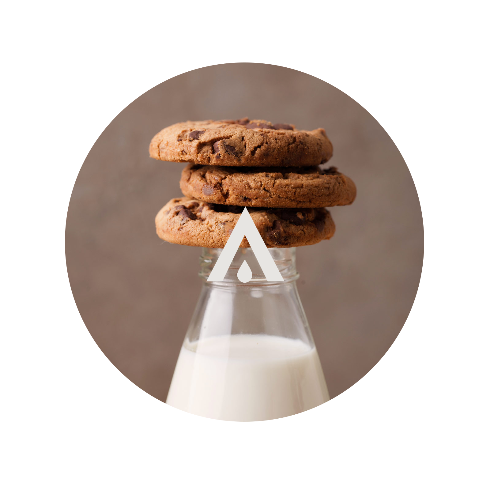 Stack of cookies with a glass of milk on a white background
