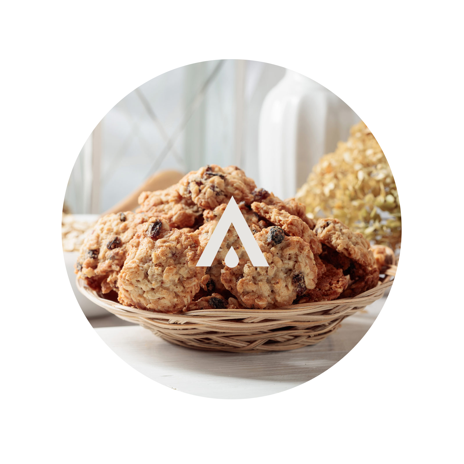 Basket of cookies with a logo in the center on a white background